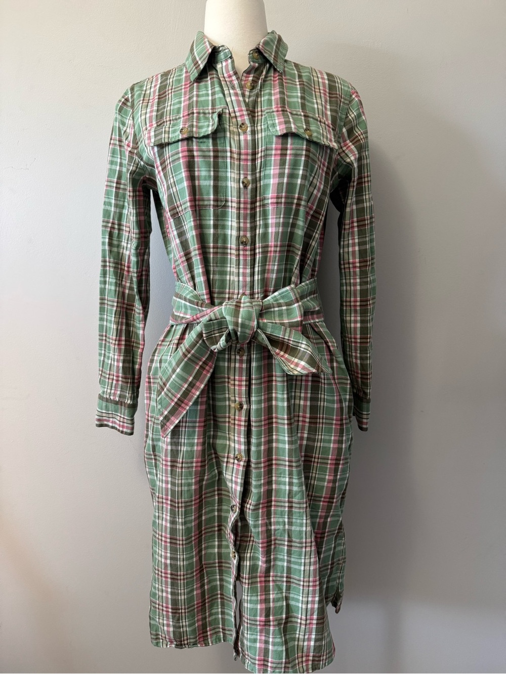 Ralph Lauren Green Plaid Midi Shirt Dress with Waist Tie size6 - Picture 3 of 11